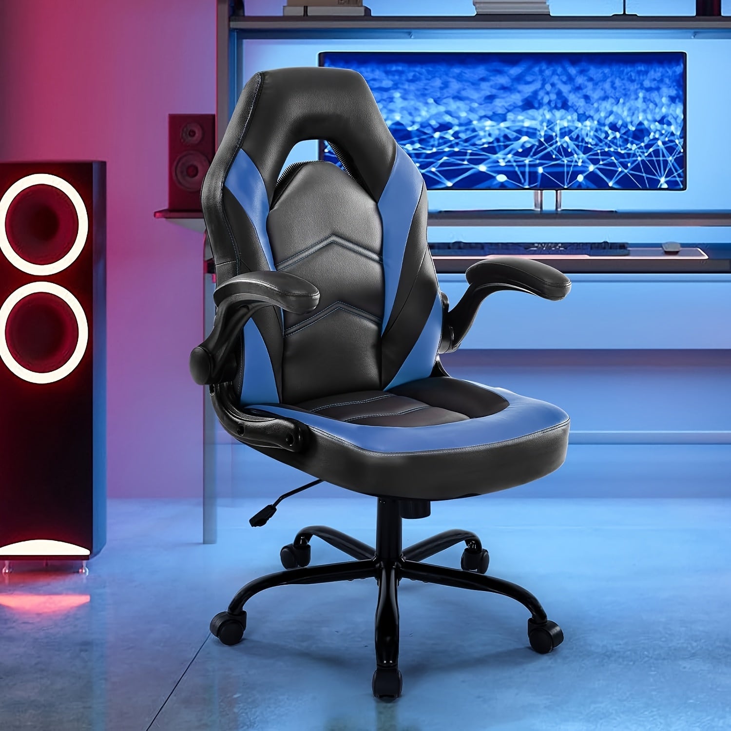 Ergonomic Computer Gaming Chair, Home Office Desk Chair with Faux Leather Lumbar Support, Height Adjustable Gaming Chair, Big and Tall Video Game with Flip-up Armrest, Swivel Wheels for Adults and Teens