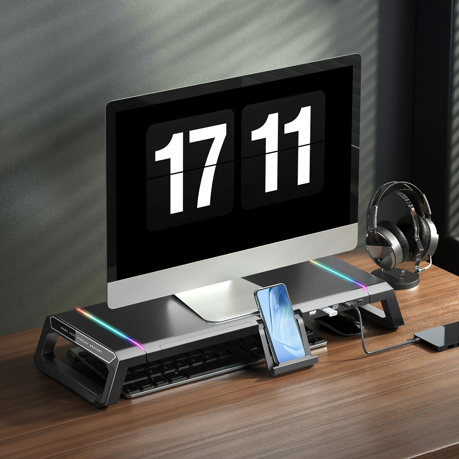 Essential For The Start Of School Season 1pc ICE COOREL Computer Monitor Height Stand (4 Ports), A Multi-functional Foldable Office Desktop Stand With RGB Lighting For Mini PC, And A Bottom That Can Store A Mouse And Keyboard