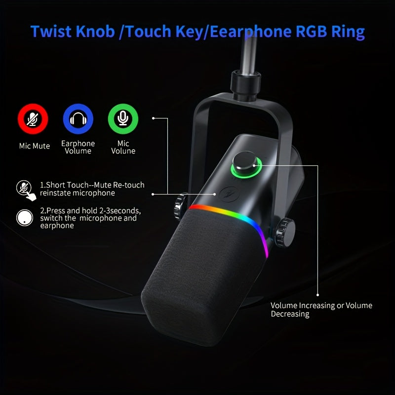 ZealSound XLR/USB Dynamic Microphone for Gaming & Podcasting – Black with RGB Light, Mute Button, Mic Gain Control, Headphones Jack, Boom Arm Stand, 8 Pin Adapter Included – Perfect for Streaming, Singing, Video Conferencing