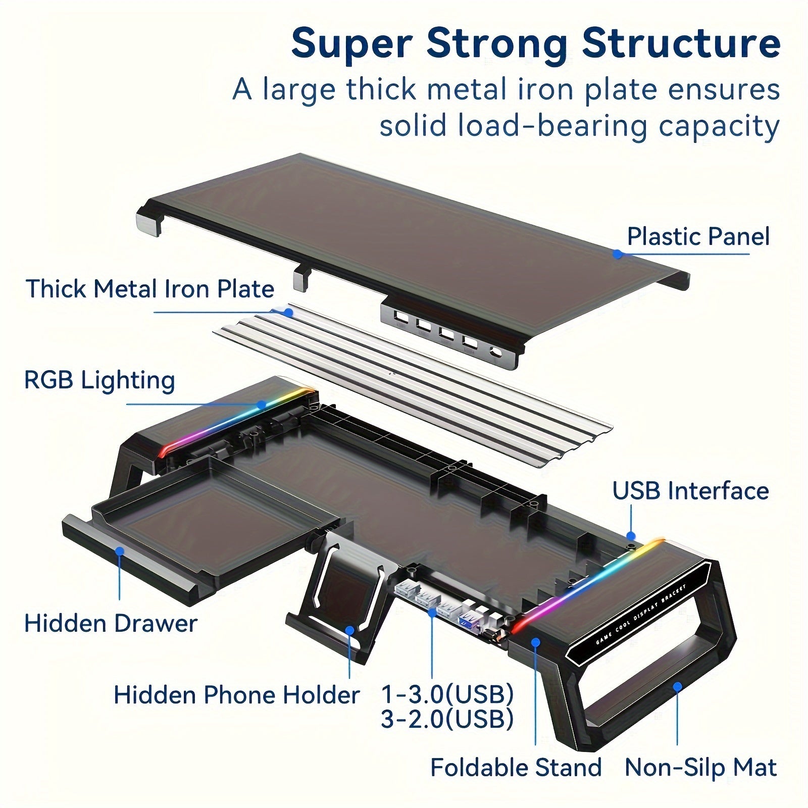 Essential For The Start Of School Season 1pc ICE COOREL Computer Monitor Height Stand (4 Ports), A Multi-functional Foldable Office Desktop Stand With RGB Lighting For Mini PC, And A Bottom That Can Store A Mouse And Keyboard