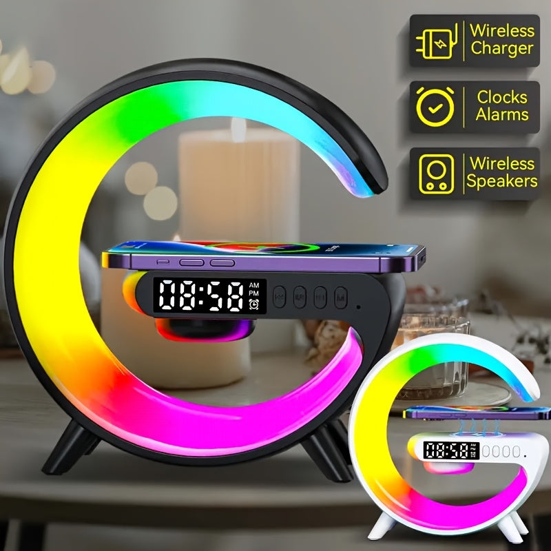 Wireless Speakers with Wireless Fast Charging, Bar Smart Light, Sunrise Alarm Clock, Wake Up Light for Bedrooms, Energize Your Mornings: Smart RGB Speaker Lamp with Sunrise Alarm & Fast Wireless Charging -
