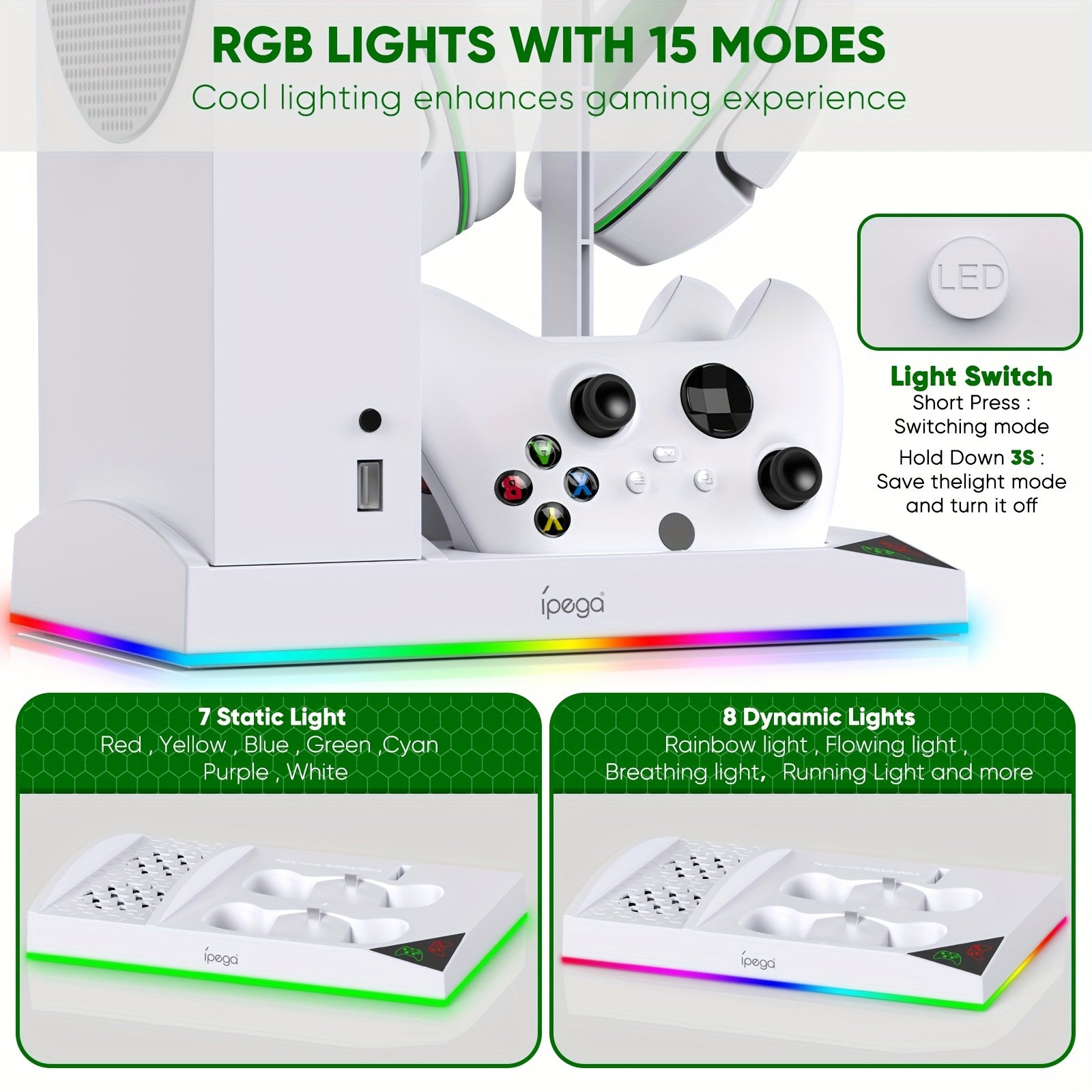 Upgrade RGB Cooling Fan Stand for Xbox Series S Console - 15 Colorful Lights, Dual Controller Charging Station & Cooler Base System - For Xbox Series S - With 2 * 1400mAh Rechargeable Battery - Perfect Gift for Gamers
