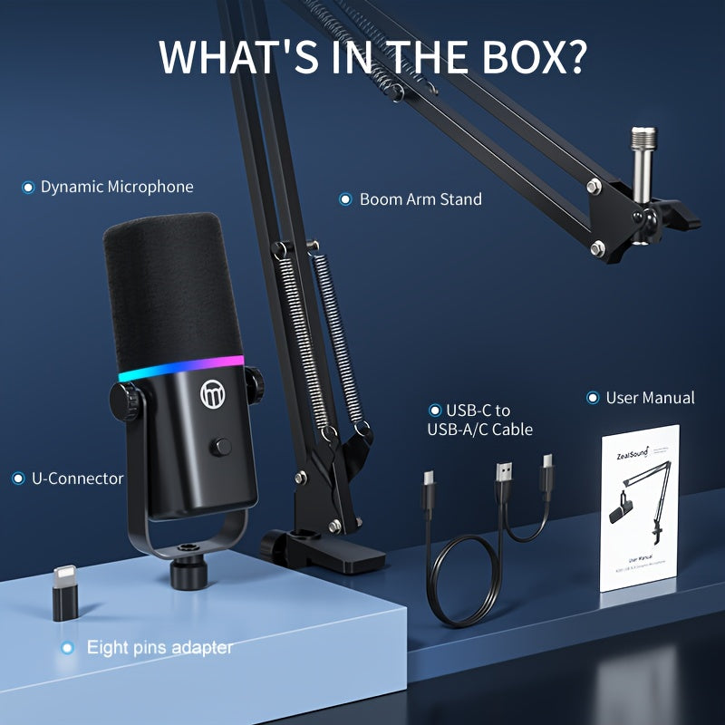 ZealSound XLR/USB Dynamic Microphone for Gaming & Podcasting – Black with RGB Light, Mute Button, Mic Gain Control, Headphones Jack, Boom Arm Stand, 8 Pin Adapter Included – Perfect for Streaming, Singing, Video Conferencing