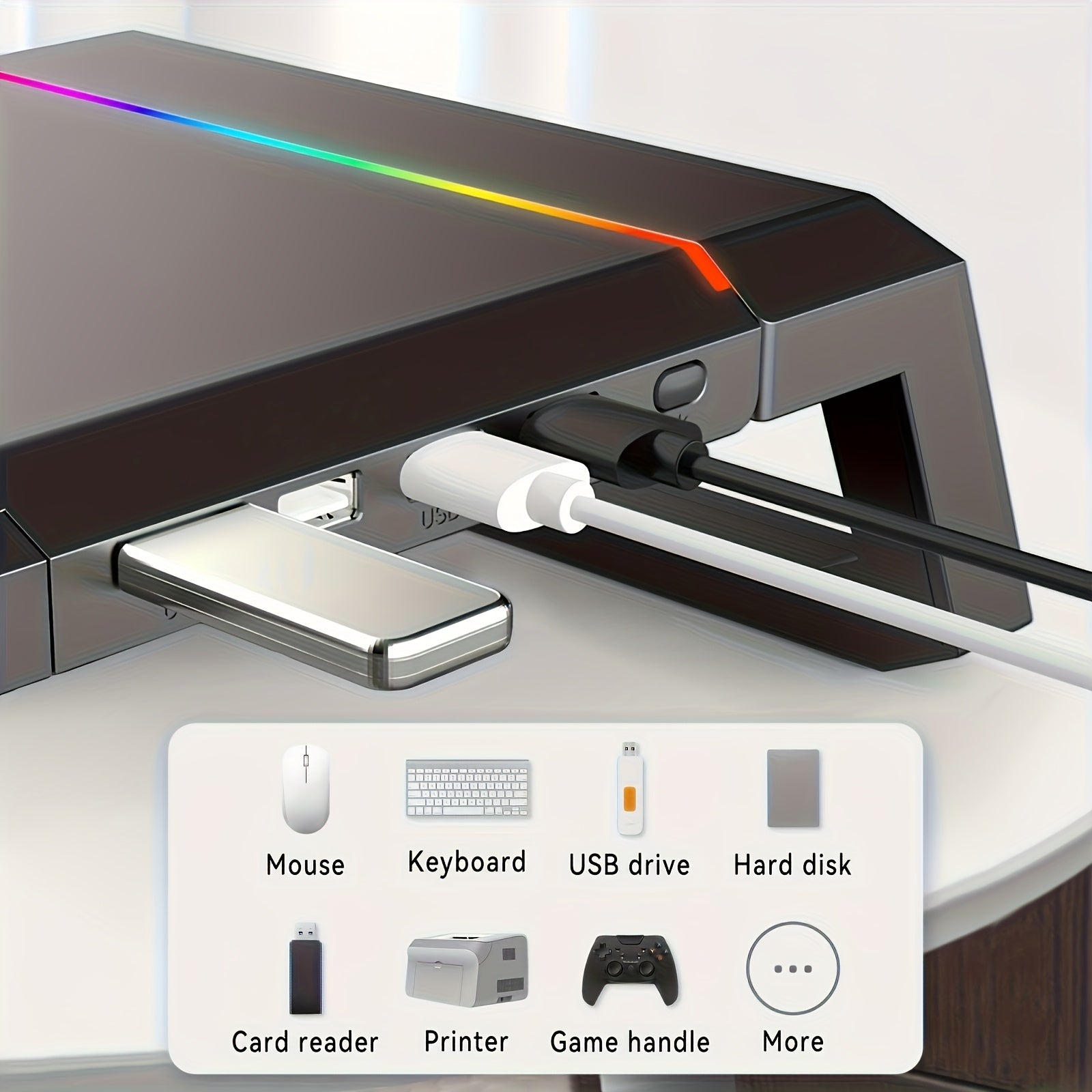 Essential For The Start Of School Season 1pc ICE COOREL Computer Monitor Height Stand (4 Ports), A Multi-functional Foldable Office Desktop Stand With RGB Lighting For Mini PC, And A Bottom That Can Store A Mouse And Keyboard