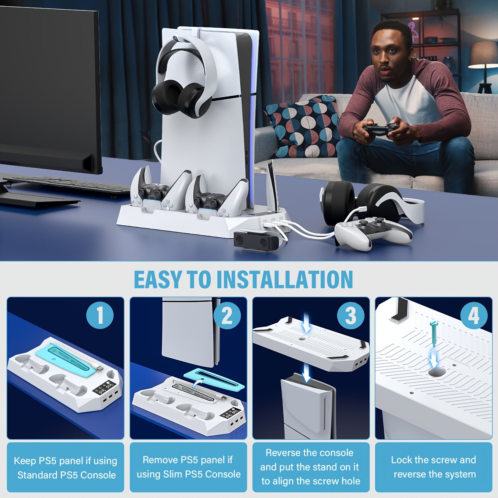 Cooling Station for PS5, Controller Charging Station for Playsation 5 Slim/ PS5 Pro/&Standard Disc/Digital Console, PS5 Accessories Incl. Controller Charger/Turbo Fan/3 USB Hub/Headset Holder, Christmas Gift, USB Length 19 In