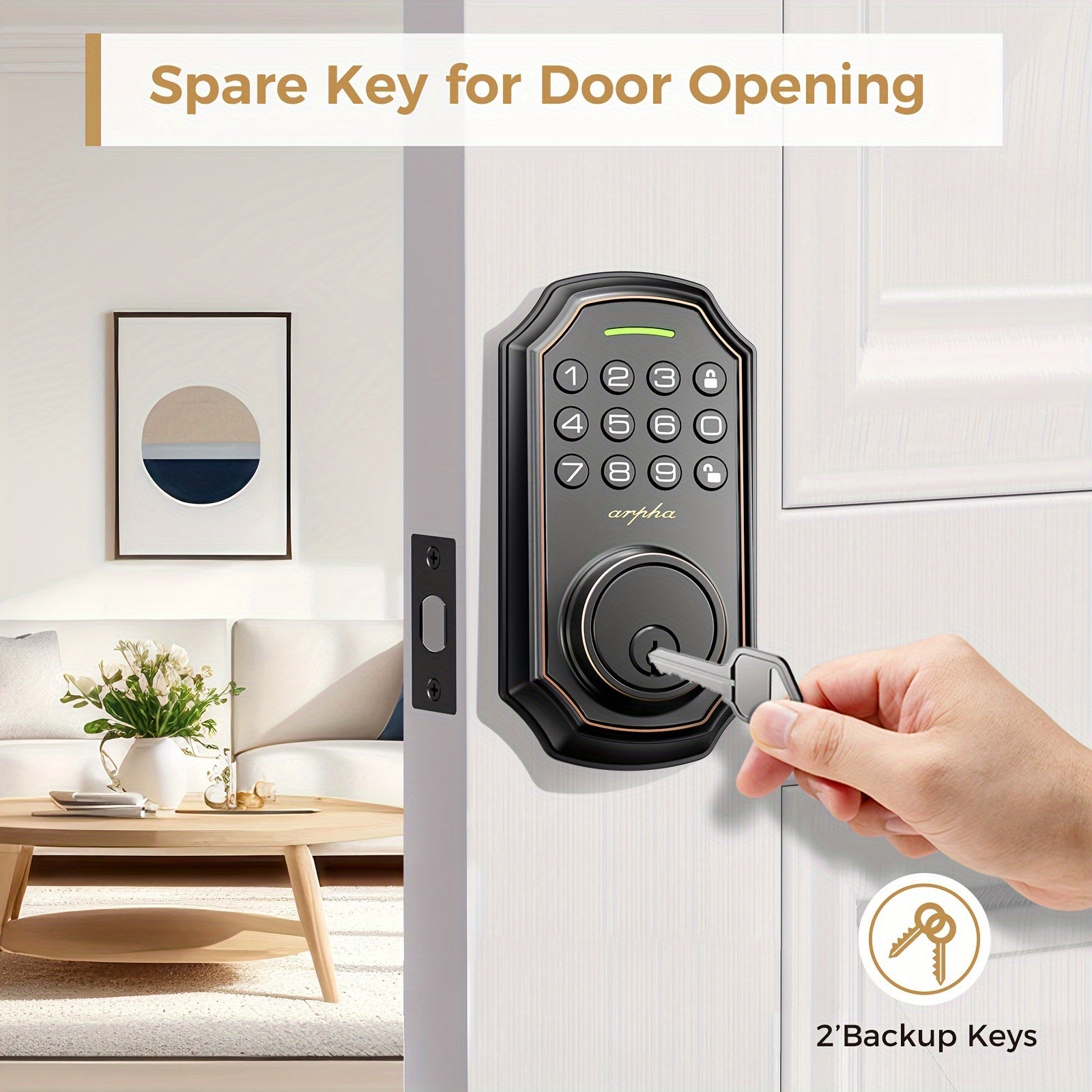 Arpha Smart Keyless Entry Door Lock - 100 Code Anti-Peek Combination, Auto Lock/Unlock, Easy Installation, Black & Orange, Low Battery Alarm, for Secure Home Access, Anti-Peeking, Smart Door Lock, One Touch Lock, Strong and H