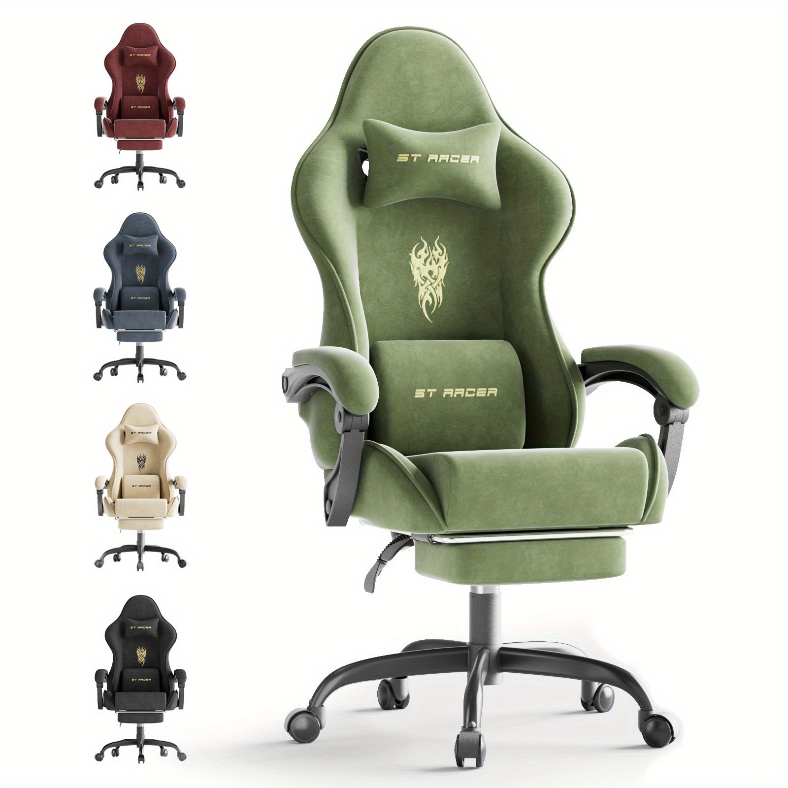 STRACER Velvet Fabric Gaming Chair With Footrest High Back Ergonomic Gamer Chair With Headrest And Massage Lumbar Cushion Racing Reclining Video Game Chair