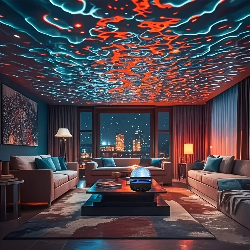 1pc Water Ripple Effect Atmosphere Projector Lamp - USB-C & Battery Powered LED Starry Sky Lighting with Remote Control, Color Changing Ambient Mood Light for Bedroom, Living Room, Holiday Gift, Sunset Lamp Projector