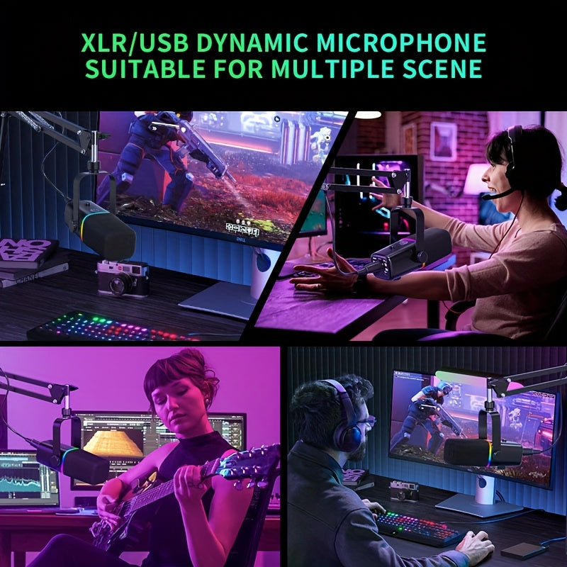 ZealSound XLR/USB Dynamic Microphone for Gaming & Podcasting – Black with RGB Light, Mute Button, Mic Gain Control, Headphones Jack, Boom Arm Stand, 8 Pin Adapter Included – Perfect for Streaming, Singing, Video Conferencing