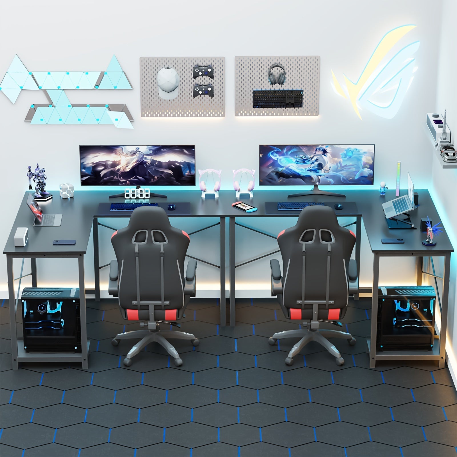 Office Shared Space 50Inch L Shaped Computer Desk - Gaming Table Corner Desk PC Writing Desk Study Desks with Wooden Desktop CPU Stand Side Bag Reversible for Home Office Dorm Small Space