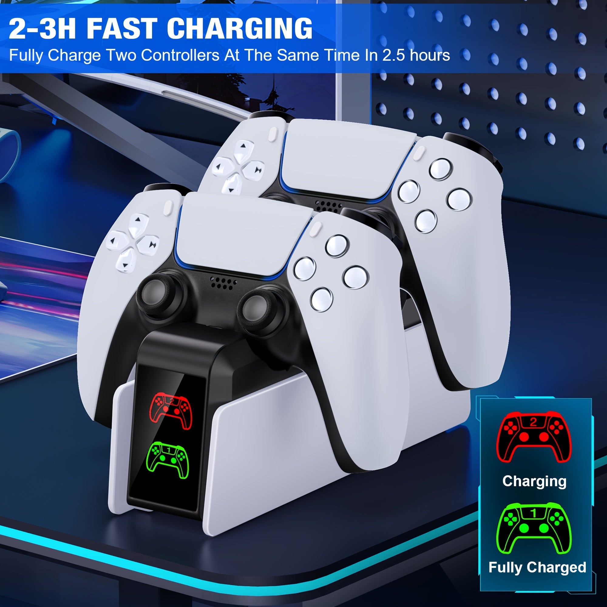 PS5 Dualsense Controller Charger Station with Fast Charging (Over-Charge/Short-Circuit Protection, Smart Chip) - Dual Stand Organizer Dock, LED Lighting - Compatible with PS5 Dualsense Controllers - Birthday/Holiday/Halloween