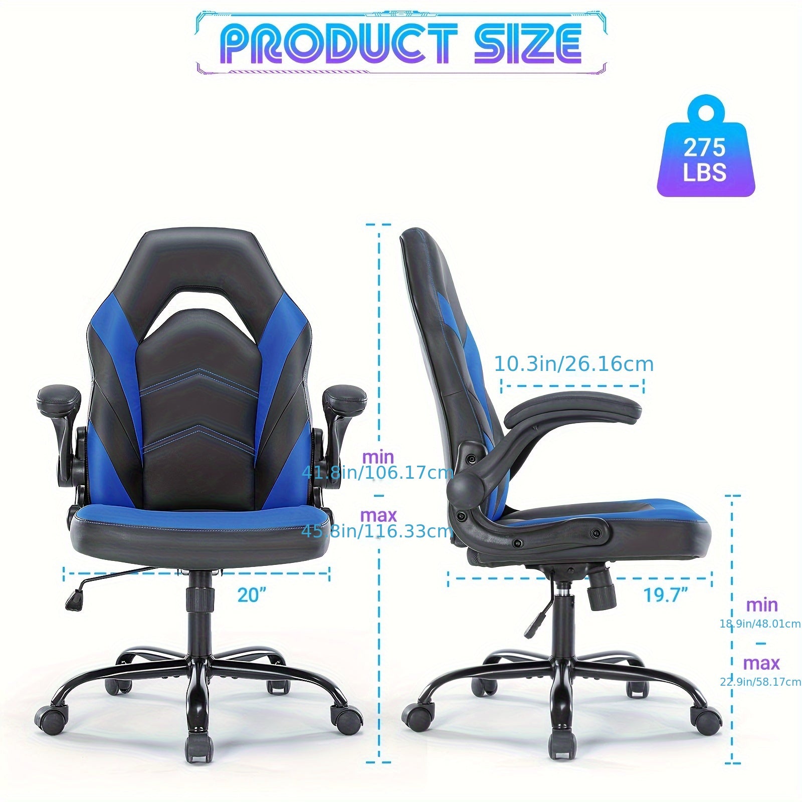 Ergonomic Computer Gaming Chair, Home Office Desk Chair with Faux Leather Lumbar Support, Height Adjustable Gaming Chair, Big and Tall Video Game with Flip-up Armrest, Swivel Wheels for Adults and Teens