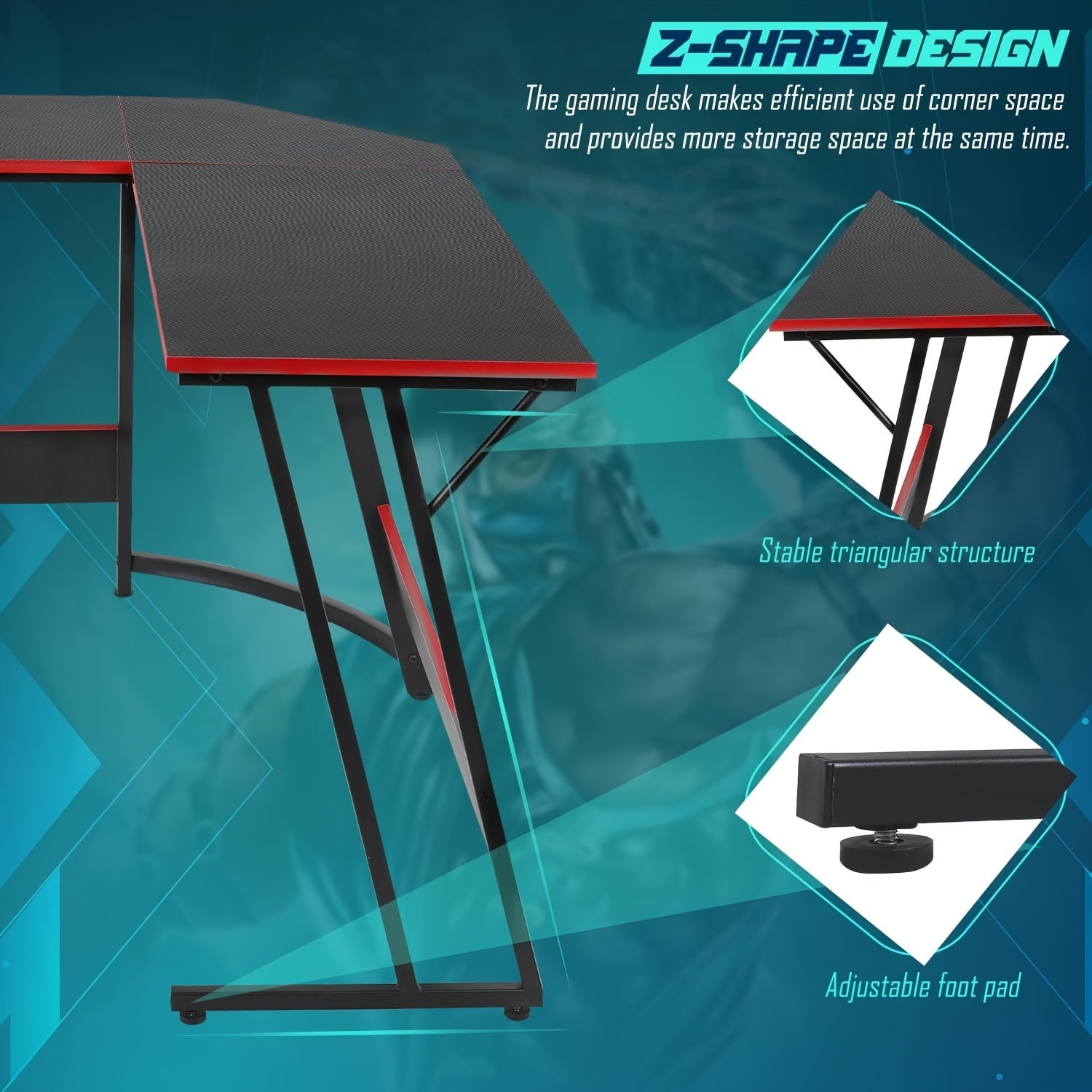 51 Inch Gaming Desk L Shaped Desk Corner Computer Desk Black Pink Desk with Large Monitor Stand Carbon Fiber Surface, Modern Design Suitable for Office And Workspace, Game Room