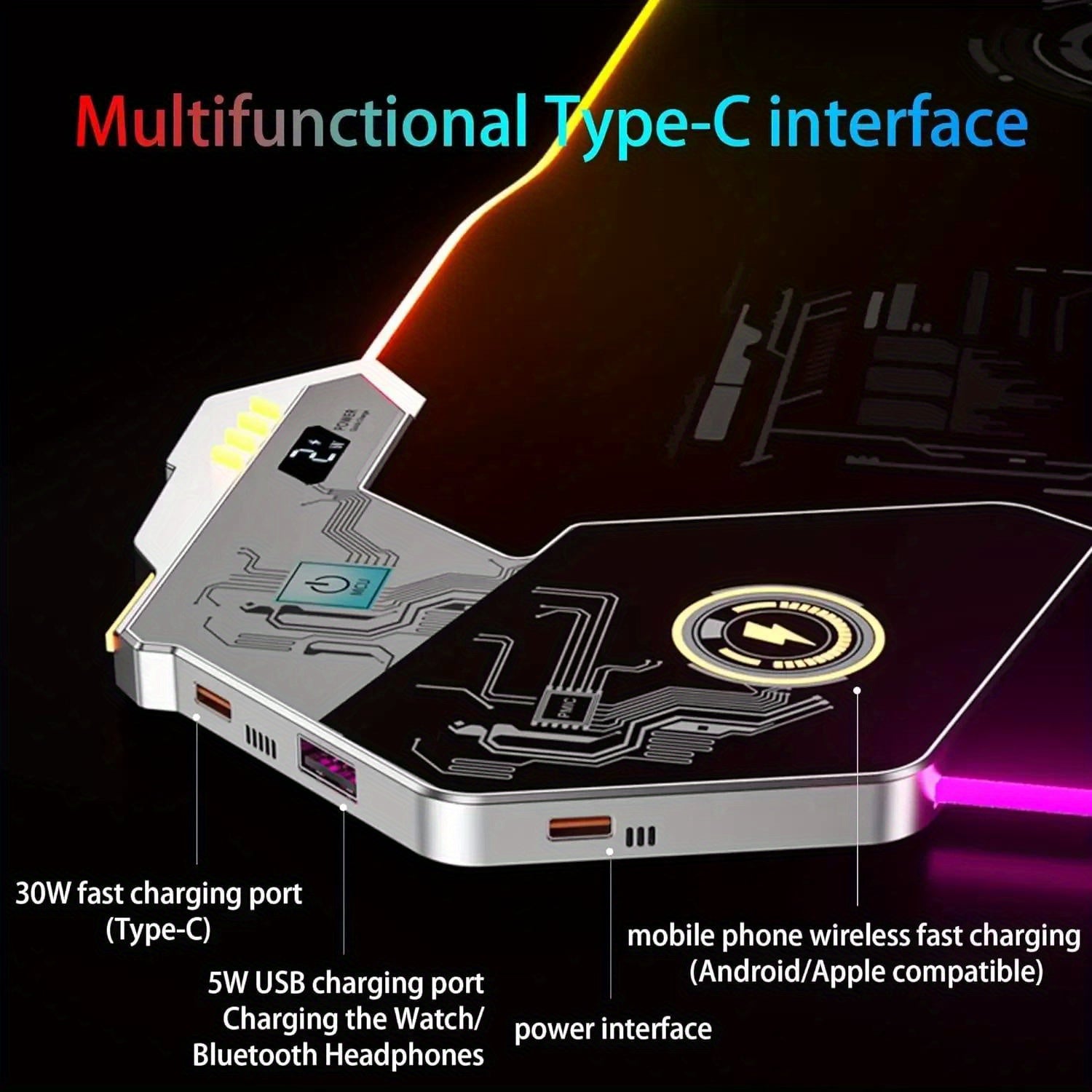 Extra-Large Glow-in-the-Dark 15W RGB Charging Mouse Pad - Fast Charge Desk Mat for Gaming & Office Use - Phones, Laptops & Tablets