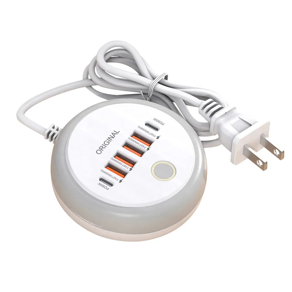 PD 50W Multi Port Charger Type C Fast Charging EU US Plug Wall Charger 6 Port USB Quick Phone Charger With Touch LED/ Fill Light