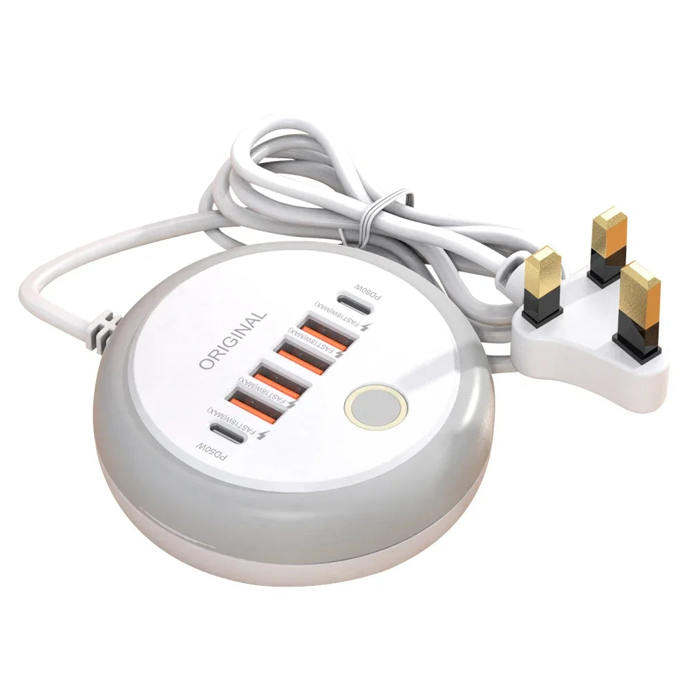PD 50W Multi Port Charger Type C Fast Charging EU US Plug Wall Charger 6 Port USB Quick Phone Charger With Touch LED/ Fill Light