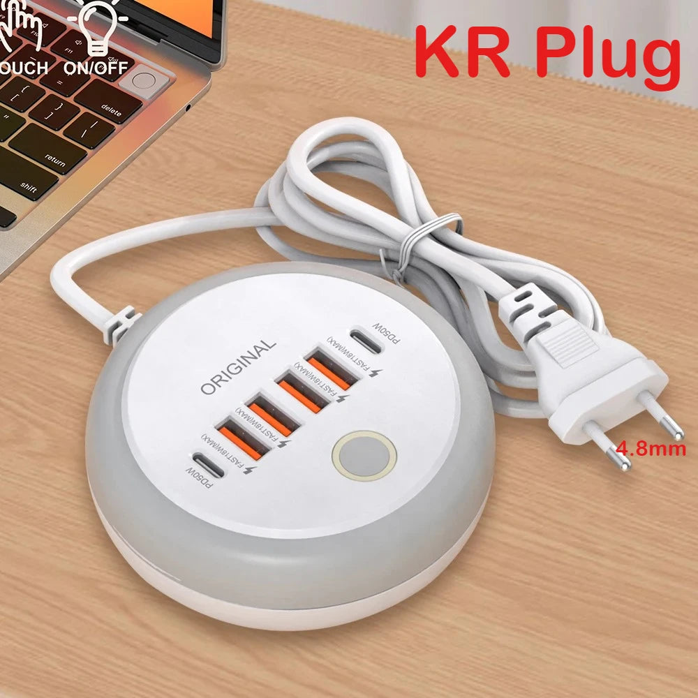 PD 50W Multi Port Charger Type C Fast Charging EU US Plug Wall Charger 6 Port USB Quick Phone Charger With Touch LED/ Fill Light