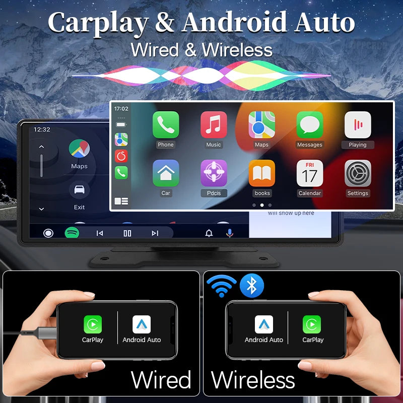 Hippcron 10.26” CarPlay Android Auto Car Radio Multimedia Video Player IPS Touch Screen With AUX USB Support Rearview Camera