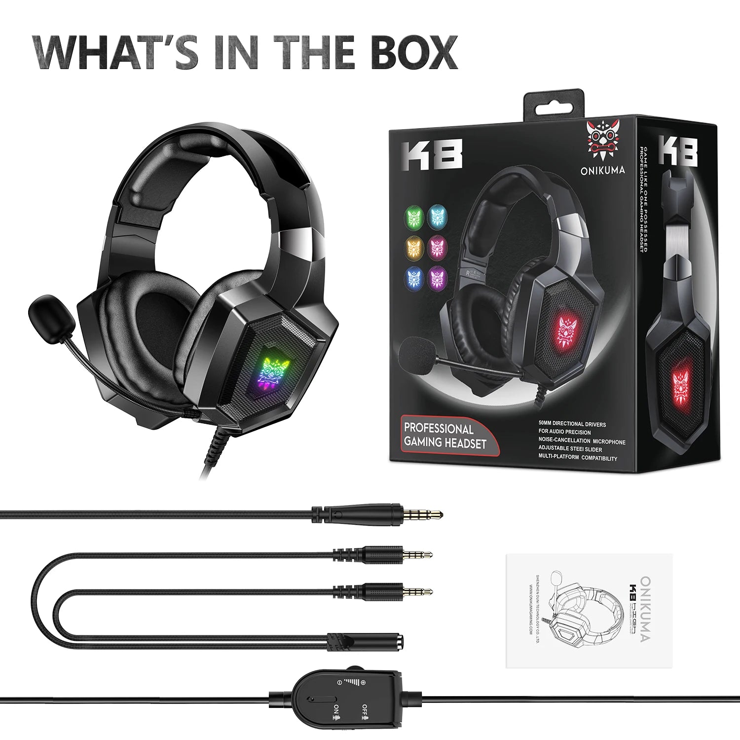 ONIKUMA K8 Wired Gaming Headphones with Flexible HD Mic RGB Lighting Effect Over-Ear Wired Headset Gamer for PC Gaming Xbox