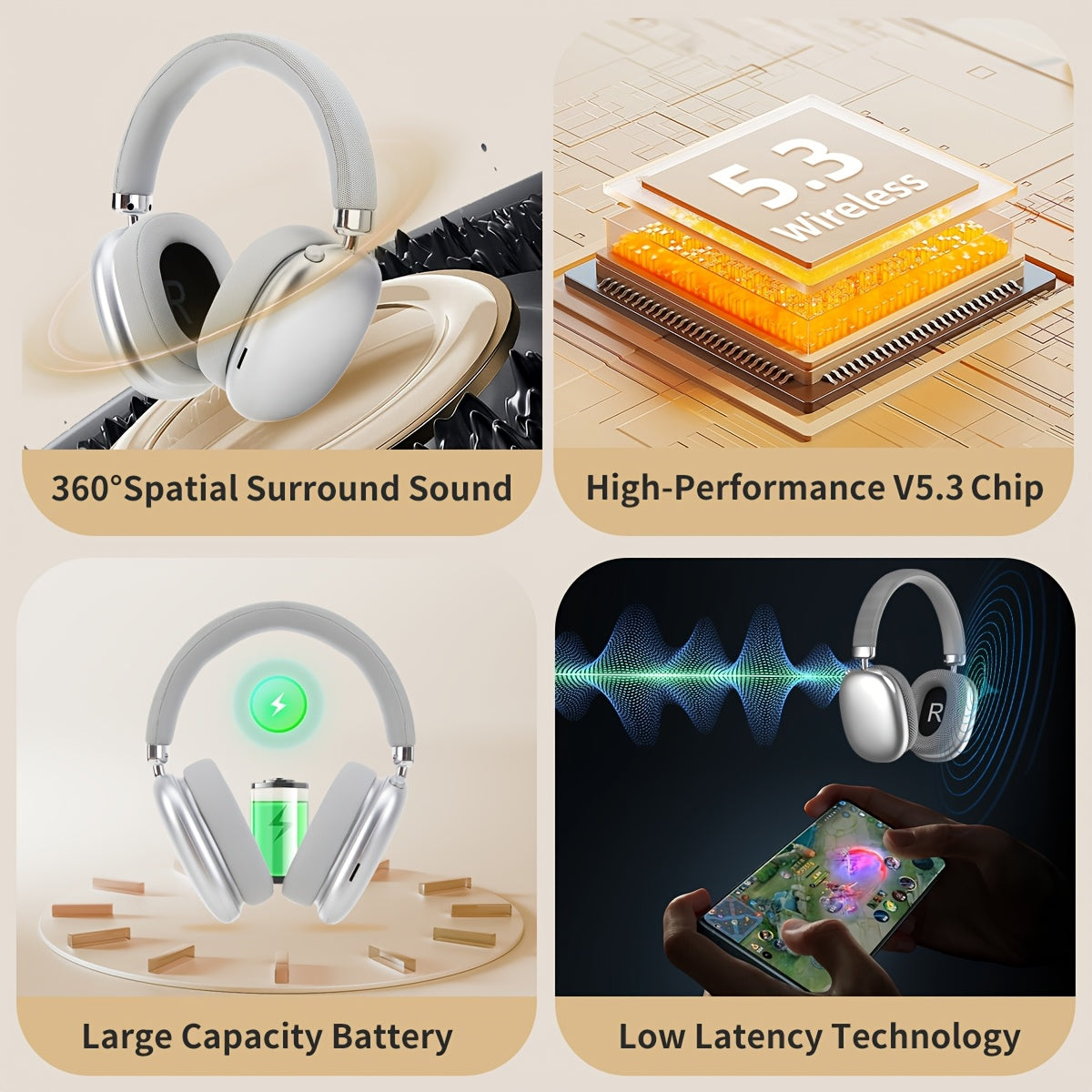 New Headphones, High Fidelity Stereo Sound, Deep Bass, Wireless 5.3, Stable Connection Supporting FM And TF Cards. ENC Noise Reduction, Low Latency Suitable For Gaming, Suitable For Mobile Phones, Computers, Etc., Very Suitableab