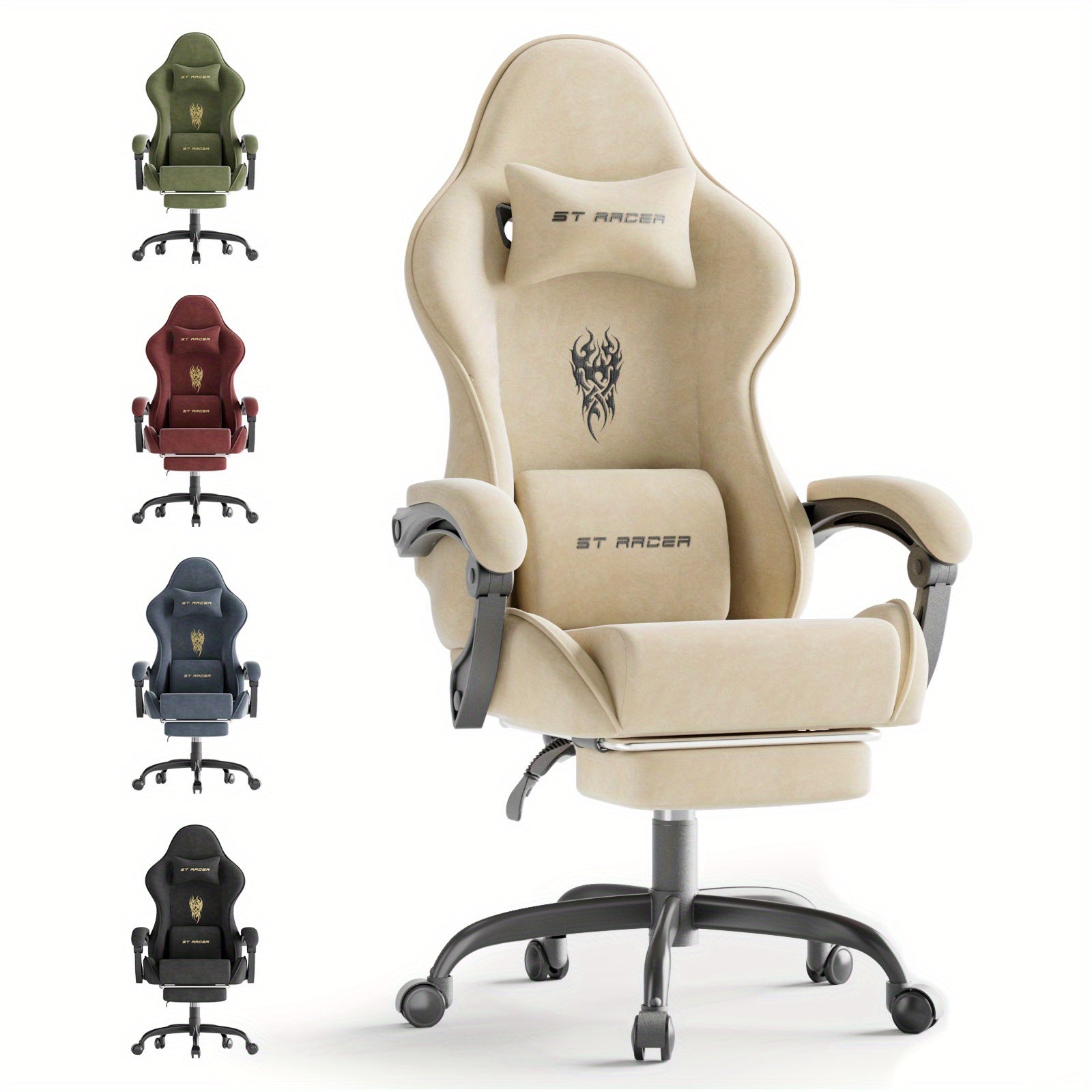 STRACER Velvet Fabric Gaming Chair With Footrest High Back Ergonomic Gamer Chair With Headrest And Massage Lumbar Cushion Racing Reclining Video Game Chair