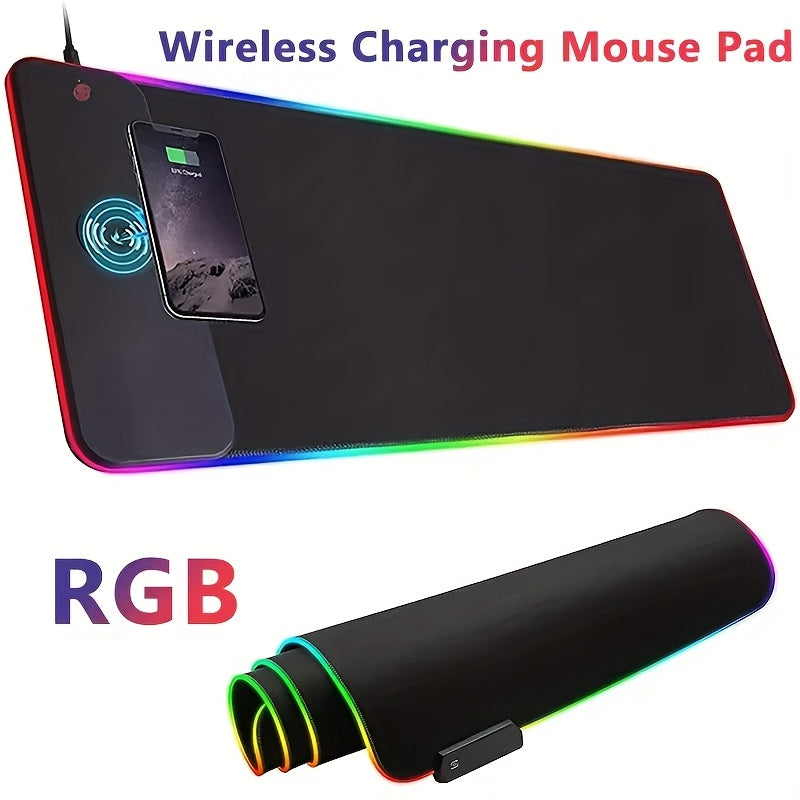 Extra-Large Glow-in-the-Dark 15W RGB Charging Mouse Pad - Fast Charge Desk Mat for Gaming & Office Use - Phones, Laptops & Tablets
