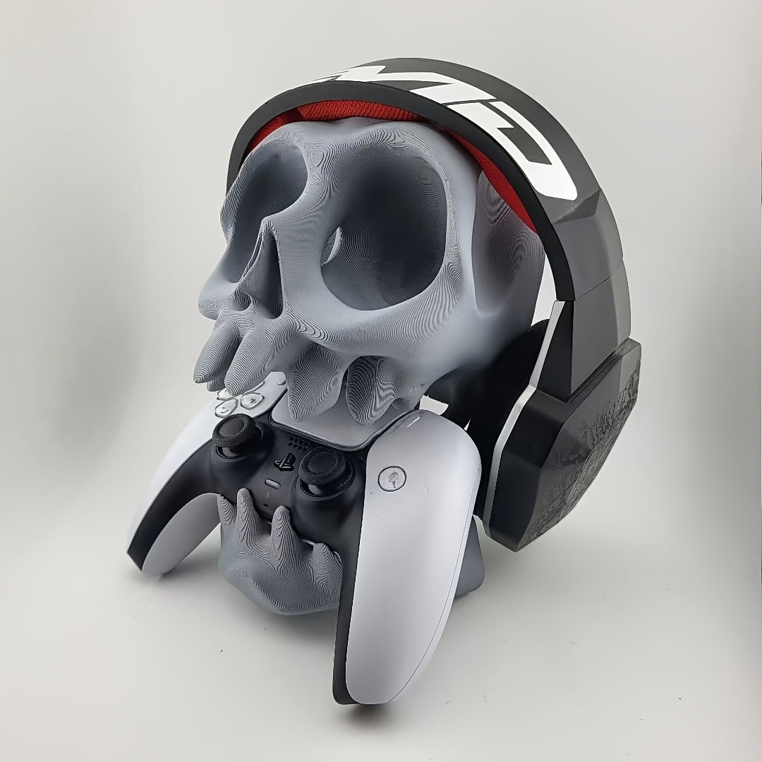 PS5 PS4 "2025 Esports Desktop Organizer! Skull Head PS5 PS4 Headset Controller Stand Dual-Slot | Gaming Room Audio-Visual Sync Portable Wall Mount