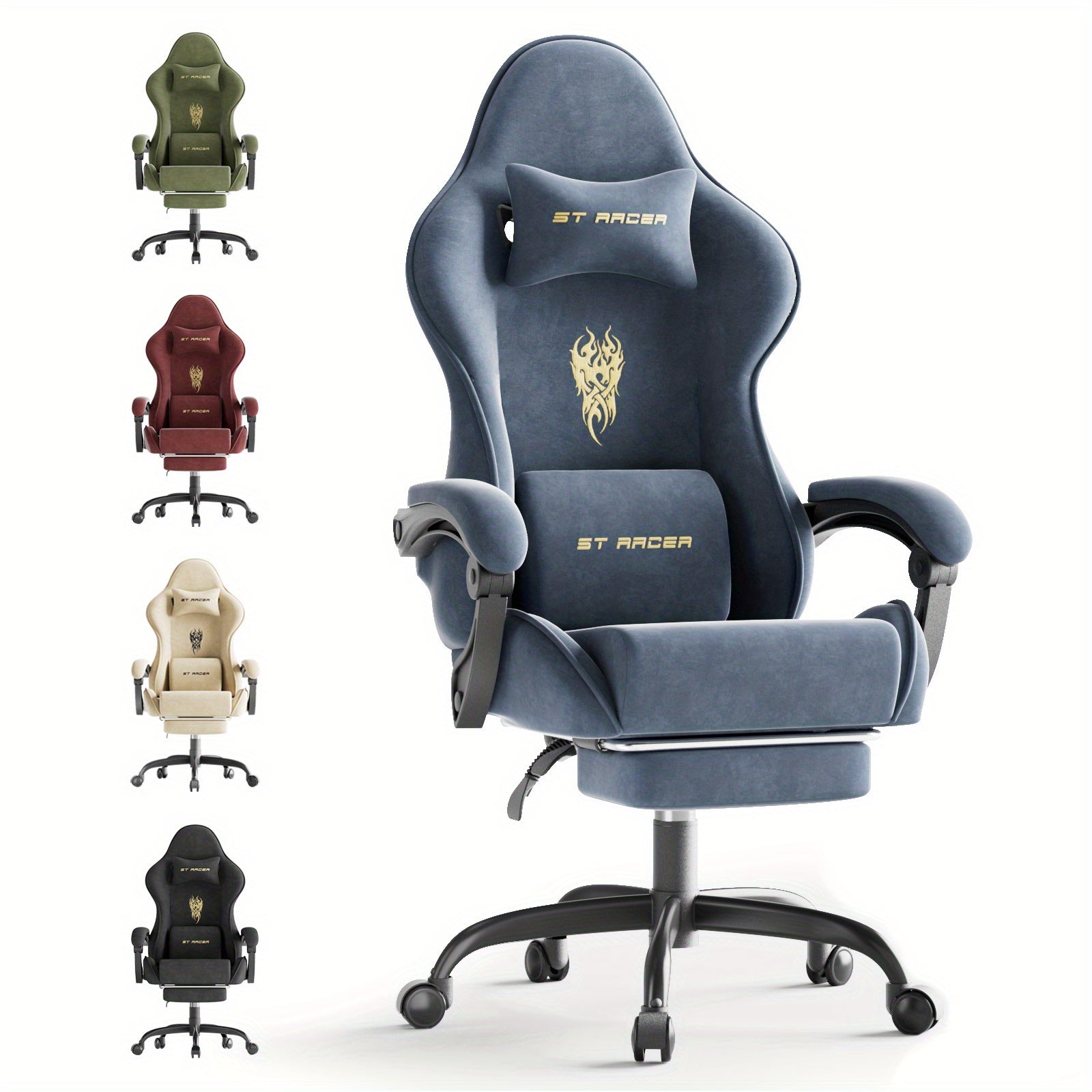 STRACER Velvet Fabric Gaming Chair With Footrest High Back Ergonomic Gamer Chair With Headrest And Massage Lumbar Cushion Racing Reclining Video Game Chair