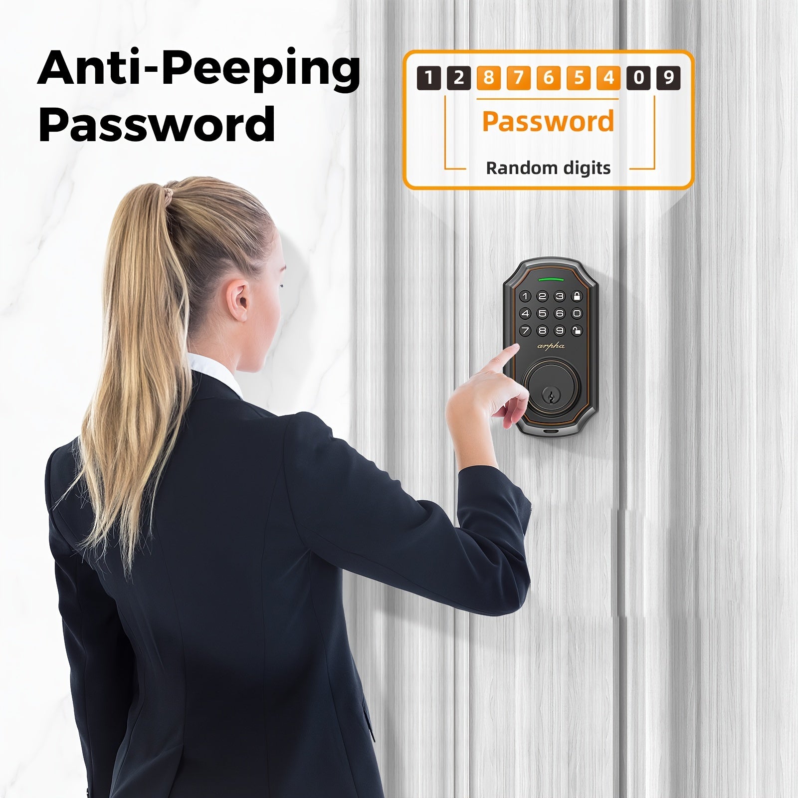 Arpha Smart Keyless Entry Door Lock - 100 Code Anti-Peek Combination, Auto Lock/Unlock, Easy Installation, Black & Orange, Low Battery Alarm, for Secure Home Access, Anti-Peeking, Smart Door Lock, One Touch Lock, Strong and H