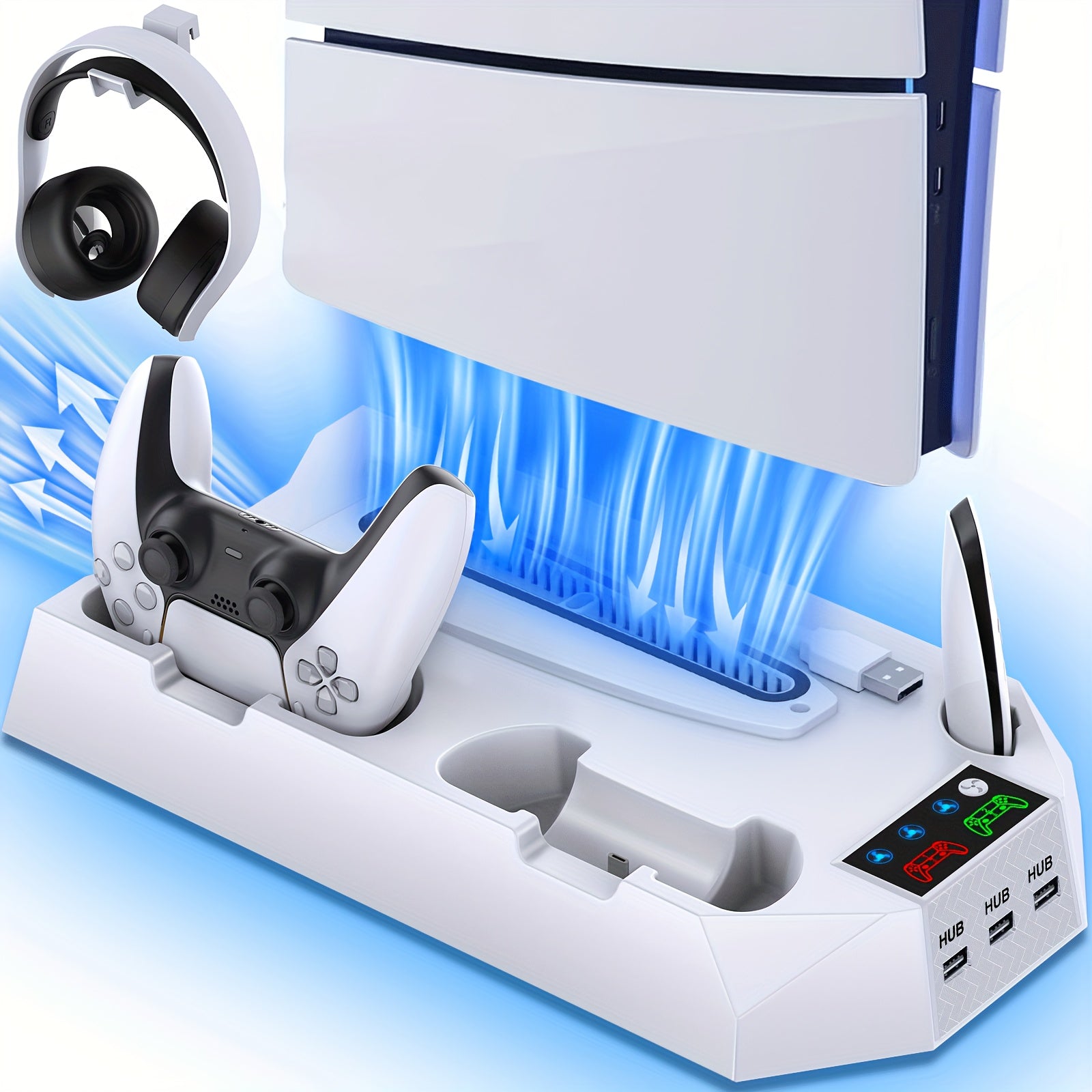 Cooling Station for PS5, Controller Charging Station for Playsation 5 Slim/ PS5 Pro/&Standard Disc/Digital Console, PS5 Accessories Incl. Controller Charger/Turbo Fan/3 USB Hub/Headset Holder, Christmas Gift, USB Length 19 In