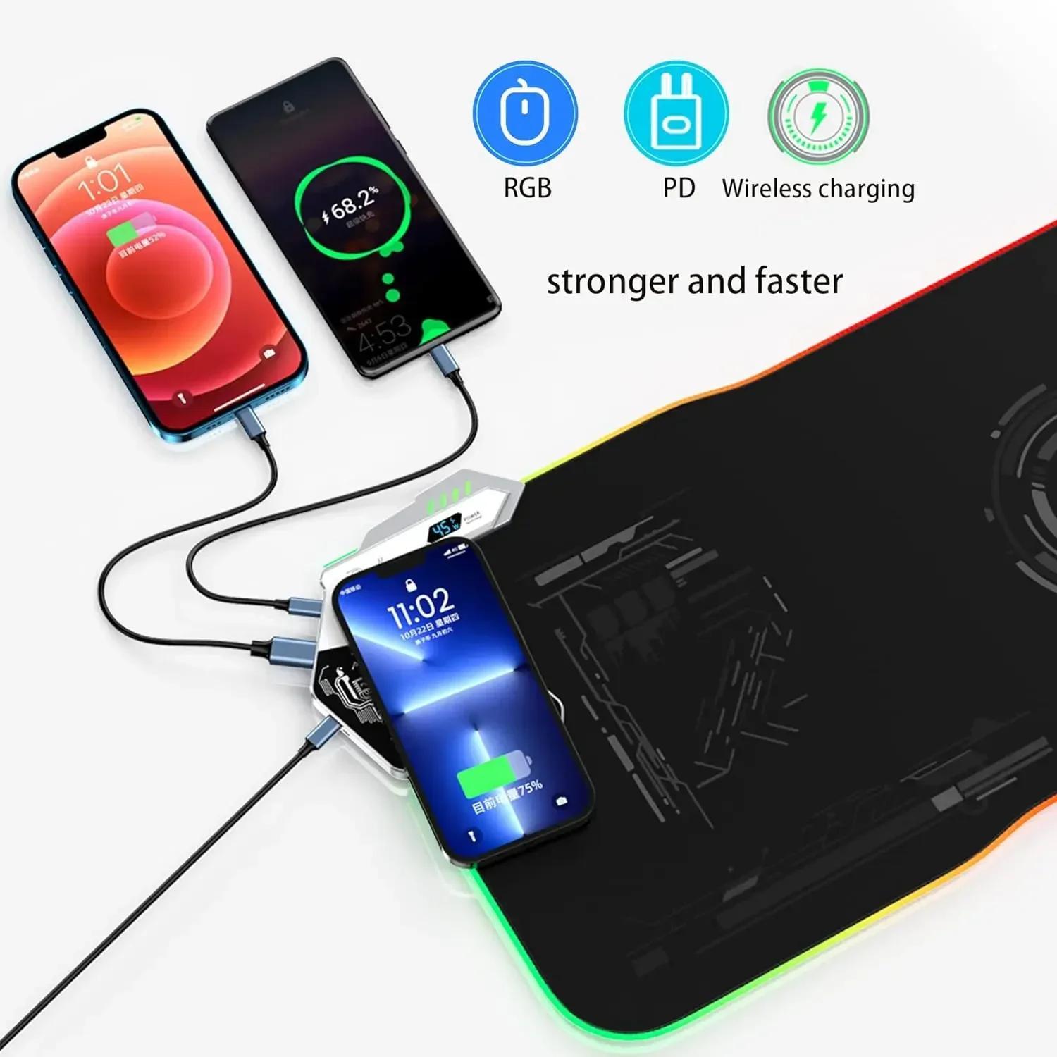 Extra-Large Glow-in-the-Dark 15W RGB Charging Mouse Pad - Fast Charge Desk Mat for Gaming & Office Use - Phones, Laptops & Tablets