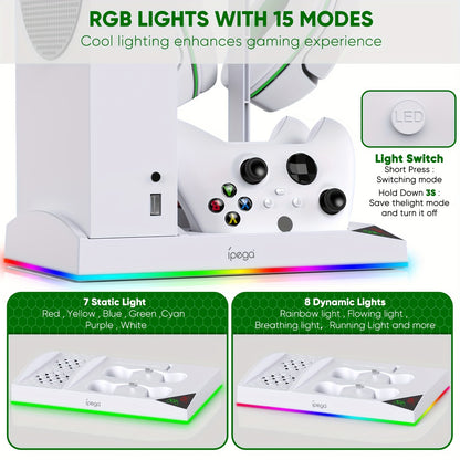 Upgrade RGB Cooling Fan Stand for Xbox Series S Console - 15 Colorful Lights, Dual Controller Charging Station &amp; Cooler Base System - For Xbox Series S - With 2 * 1400mAh Rechargeable Battery - Perfect Gift for Gamers