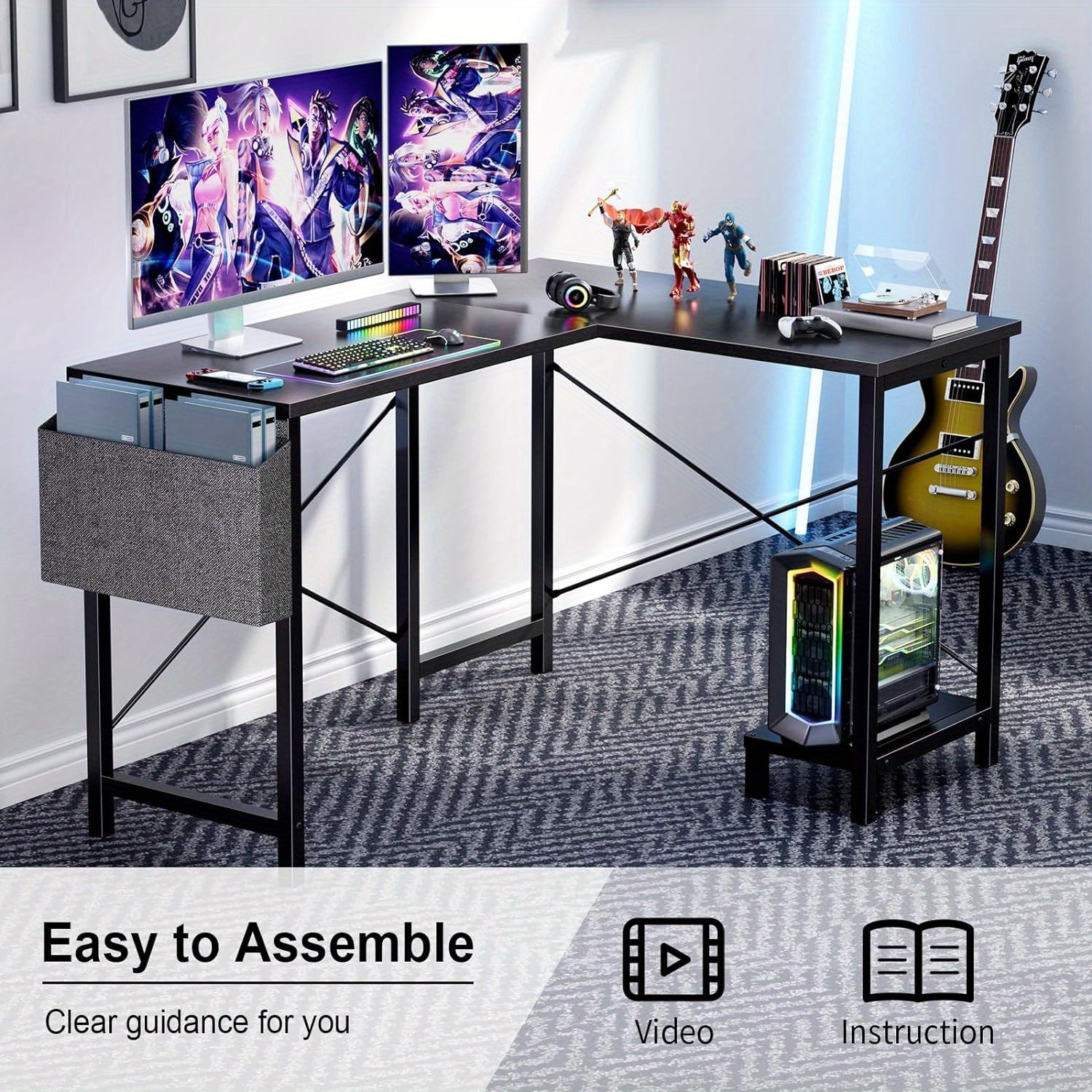 Office Shared Space 50Inch L Shaped Computer Desk - Gaming Table Corner Desk PC Writing Desk Study Desks with Wooden Desktop CPU Stand Side Bag Reversible for Home Office Dorm Small Space