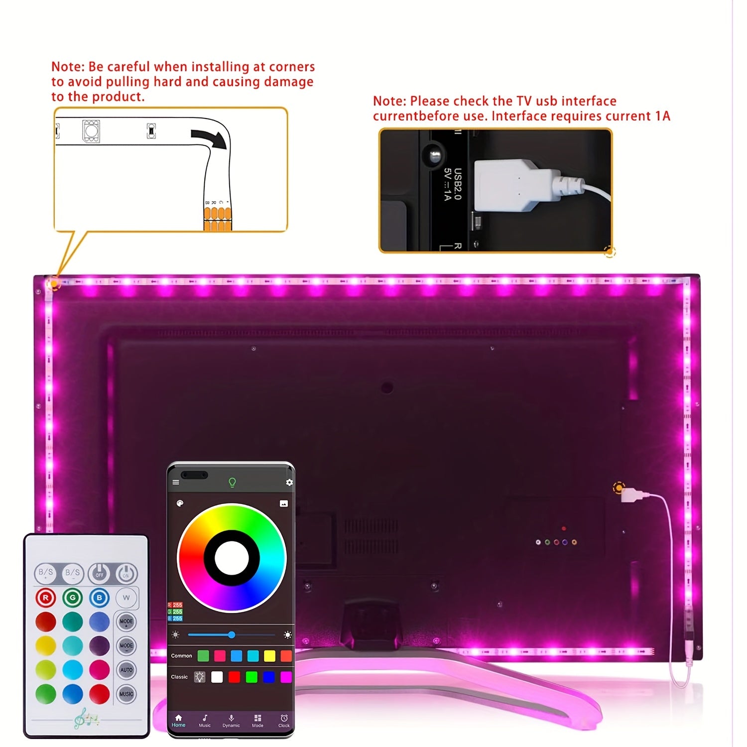 HBOWMDJIA Smart LED Strip Lights with Music Sync RGB Color Changing, App &amp; Remote Control, USB-Powered RGB LED Lights for TV Backlight, Home Theater, Party Decorations - Compatible with Alexa/Google Assistant, Easyinstall Str