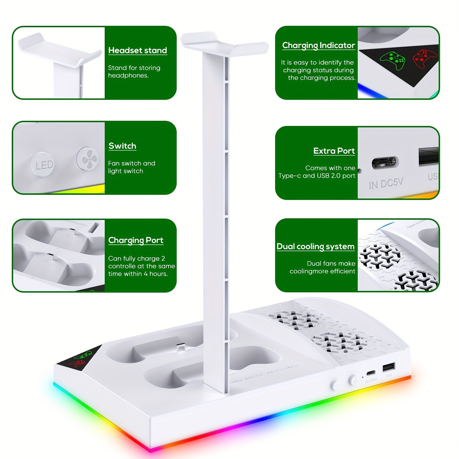Upgrade RGB Cooling Fan Stand for Xbox Series S Console - 15 Colorful Lights, Dual Controller Charging Station &amp; Cooler Base System - For Xbox Series S - With 2 * 1400mAh Rechargeable Battery - Perfect Gift for Gamers