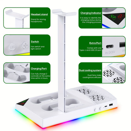 Upgrade RGB Cooling Fan Stand for Xbox Series S Console - 15 Colorful Lights, Dual Controller Charging Station &amp; Cooler Base System - For Xbox Series S - With 2 * 1400mAh Rechargeable Battery - Perfect Gift for Gamers