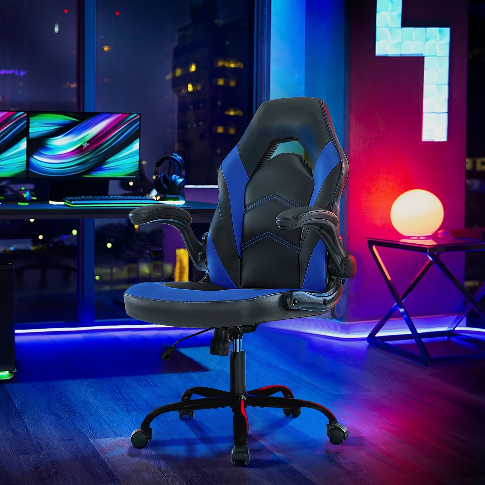 Ergonomic Computer Gaming Chair, Home Office Desk Chair with Faux Leather Lumbar Support, Height Adjustable Gaming Chair, Big and Tall Video Game with Flip-up Armrest, Swivel Wheels for Adults and Teens