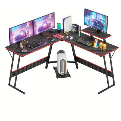 51 Inch Gaming Desk L Shaped Desk Corner Computer Desk Black Pink Desk with Large Monitor Stand Carbon Fiber Surface, Modern Design Suitable for Office And Workspace, Game Room