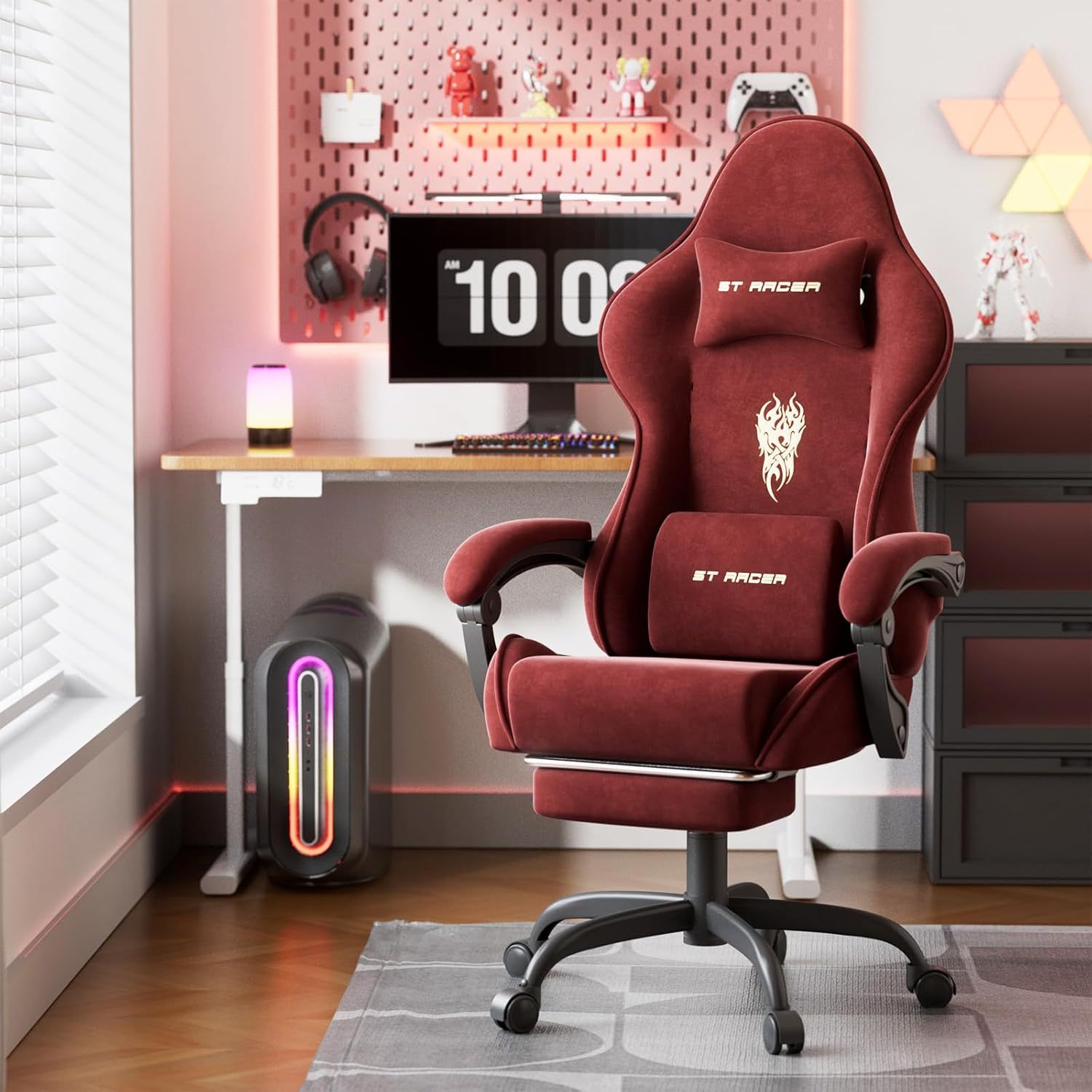 STRACER Velvet Fabric Gaming Chair With Footrest High Back Ergonomic Gamer Chair With Headrest And Massage Lumbar Cushion Racing Reclining Video Game Chair