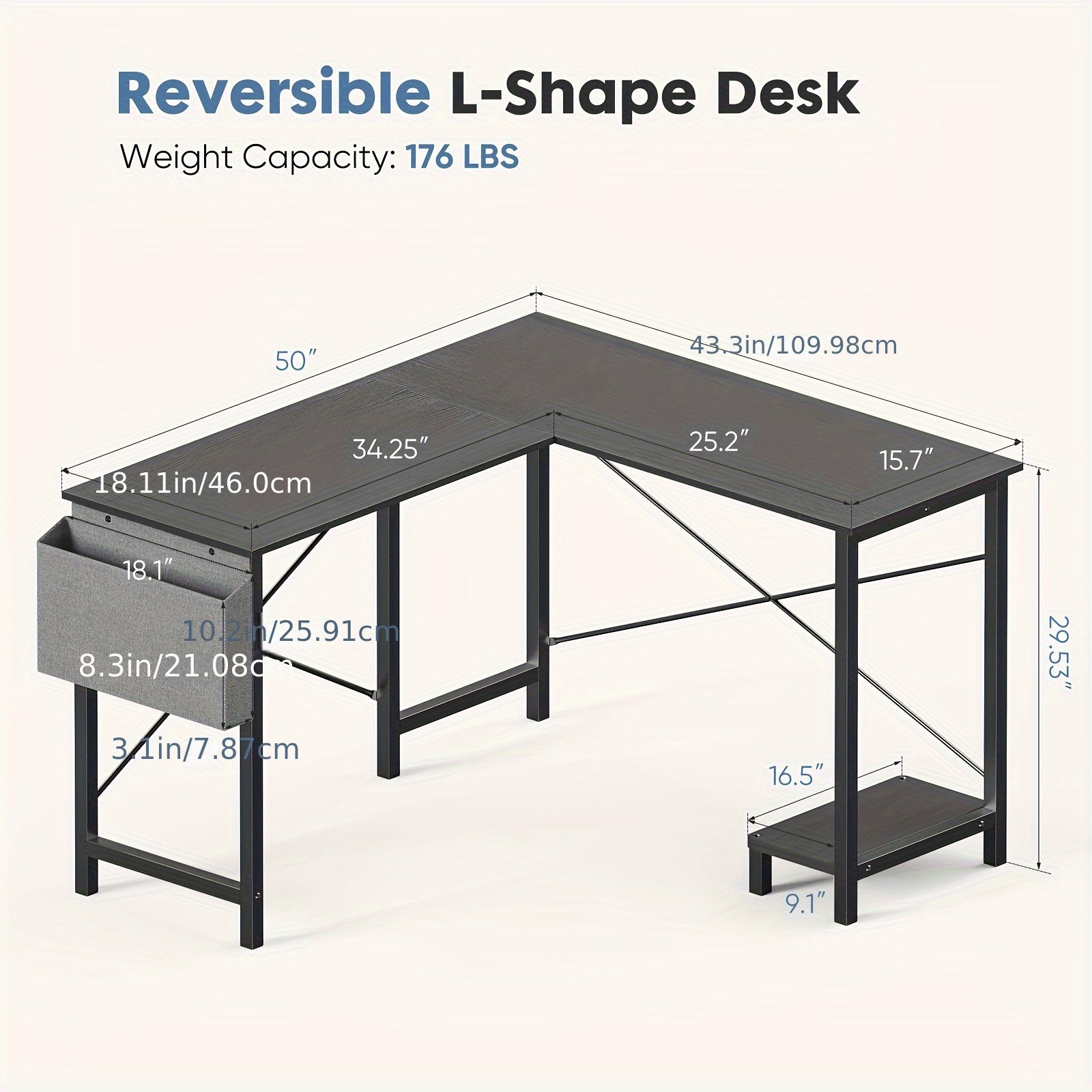 Office Shared Space 50Inch L Shaped Computer Desk - Gaming Table Corner Desk PC Writing Desk Study Desks with Wooden Desktop CPU Stand Side Bag Reversible for Home Office Dorm Small Space