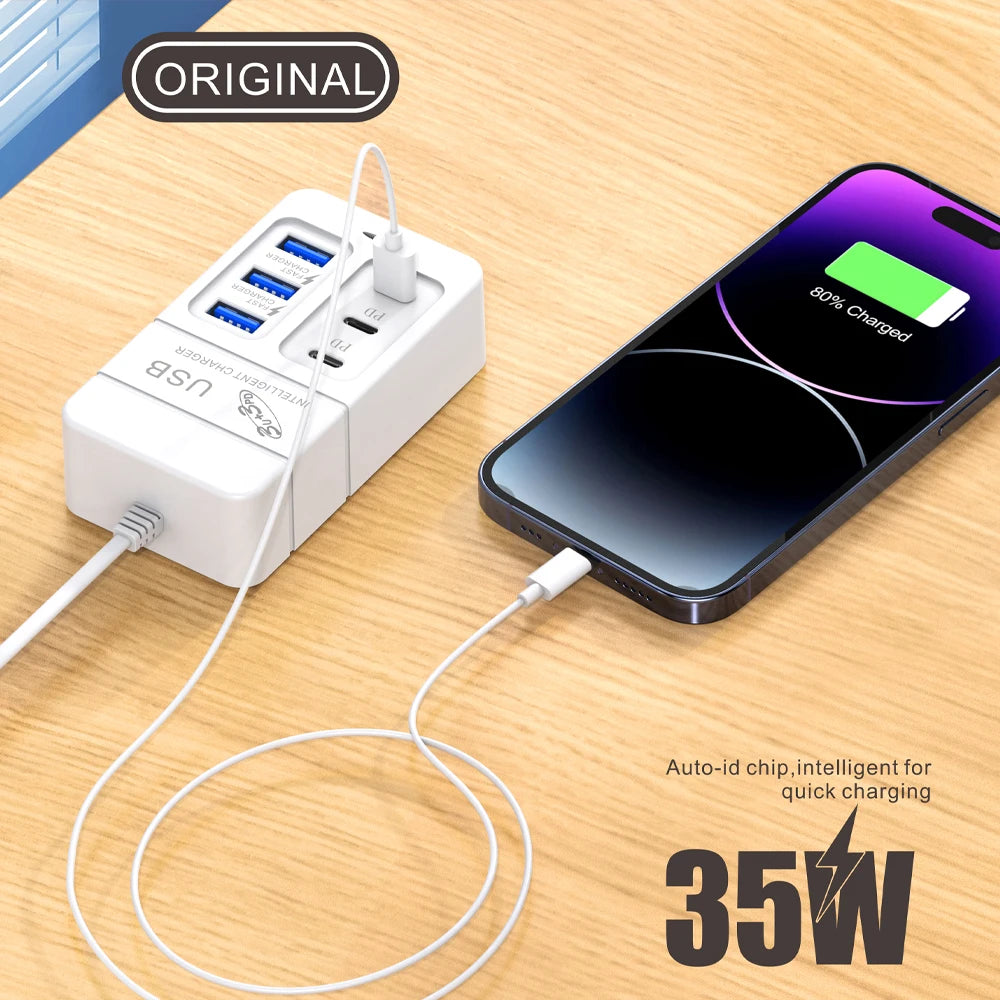 6-in-1 Surge Protector 6-Outlet Extender with 3 USB &amp; 3 Type C Ports Power Strip Multi Plug Outlets Wall Adapter Spaced for Home