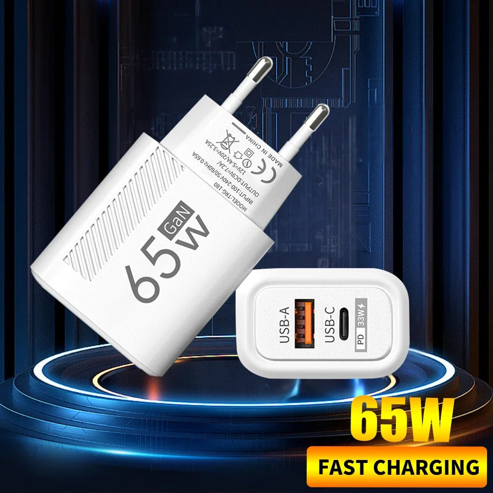 USB C GAN Charger Total 65W Fast Charging PD Type C Quick Charge High Speed ​​Mobile Phone Adapter For iPhone 15 14 Xiaomi Samsung