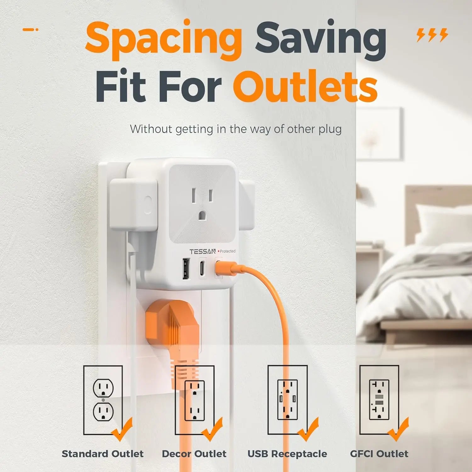 TESSAN Plug Power Strip with 4AC Outlet and 3USB Charging Port Multi-Contacts Electrical Socket with Surge Protector for Home