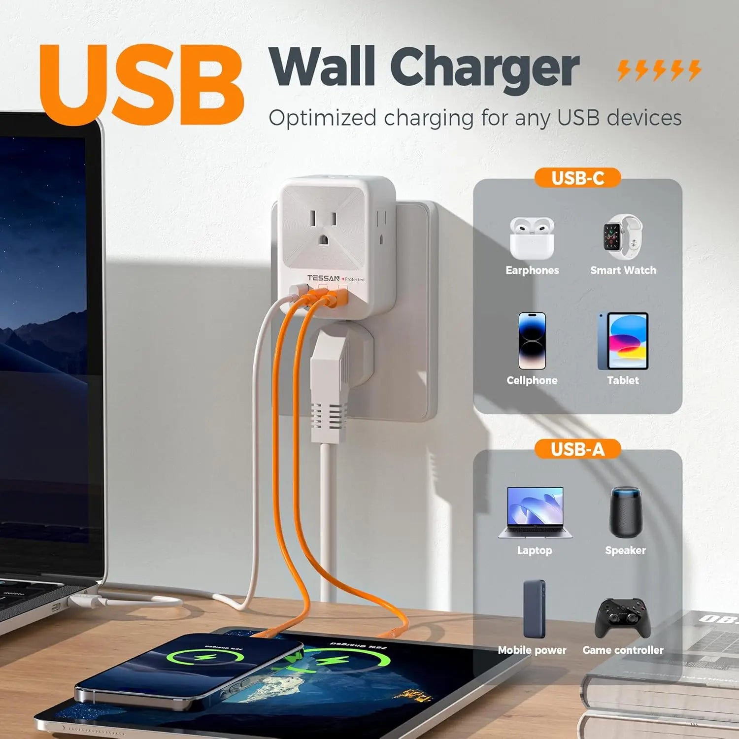 TESSAN Plug Power Strip with 4AC Outlet and 3USB Charging Port Multi-Contacts Electrical Socket with Surge Protector for Home