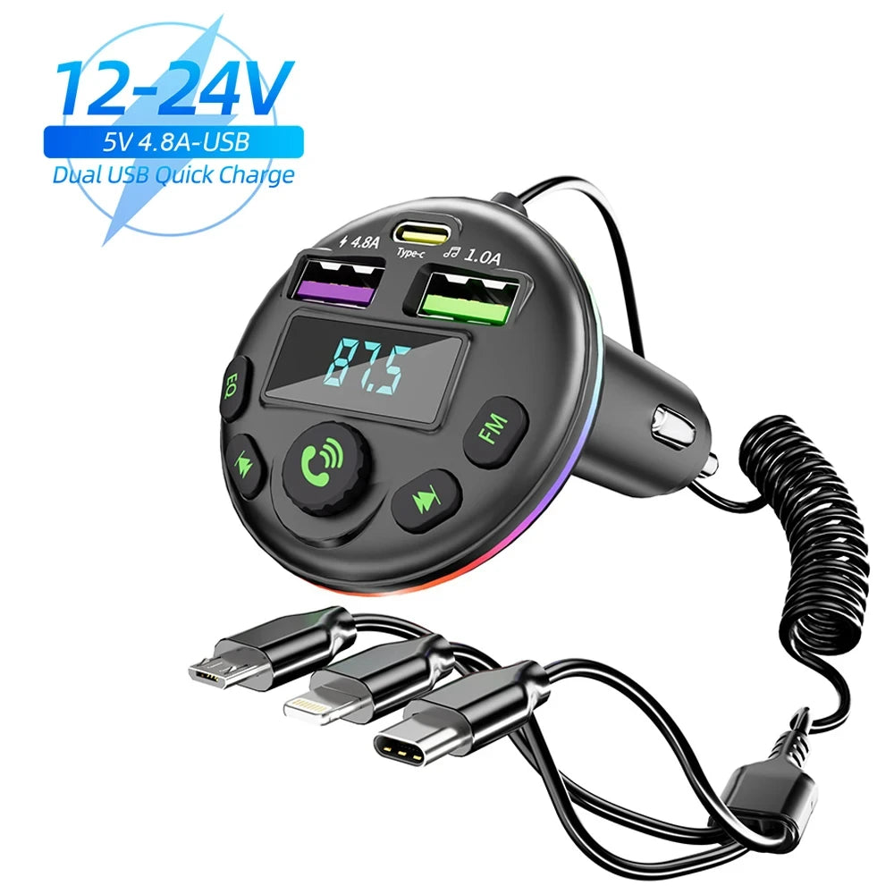 Car Bluetooth 5.0 FM Transmitter MP3 Modulator Player Handsfree Audio Receiver With 3 in 1 Charge Cable for iPhone Huawei Xiaomi