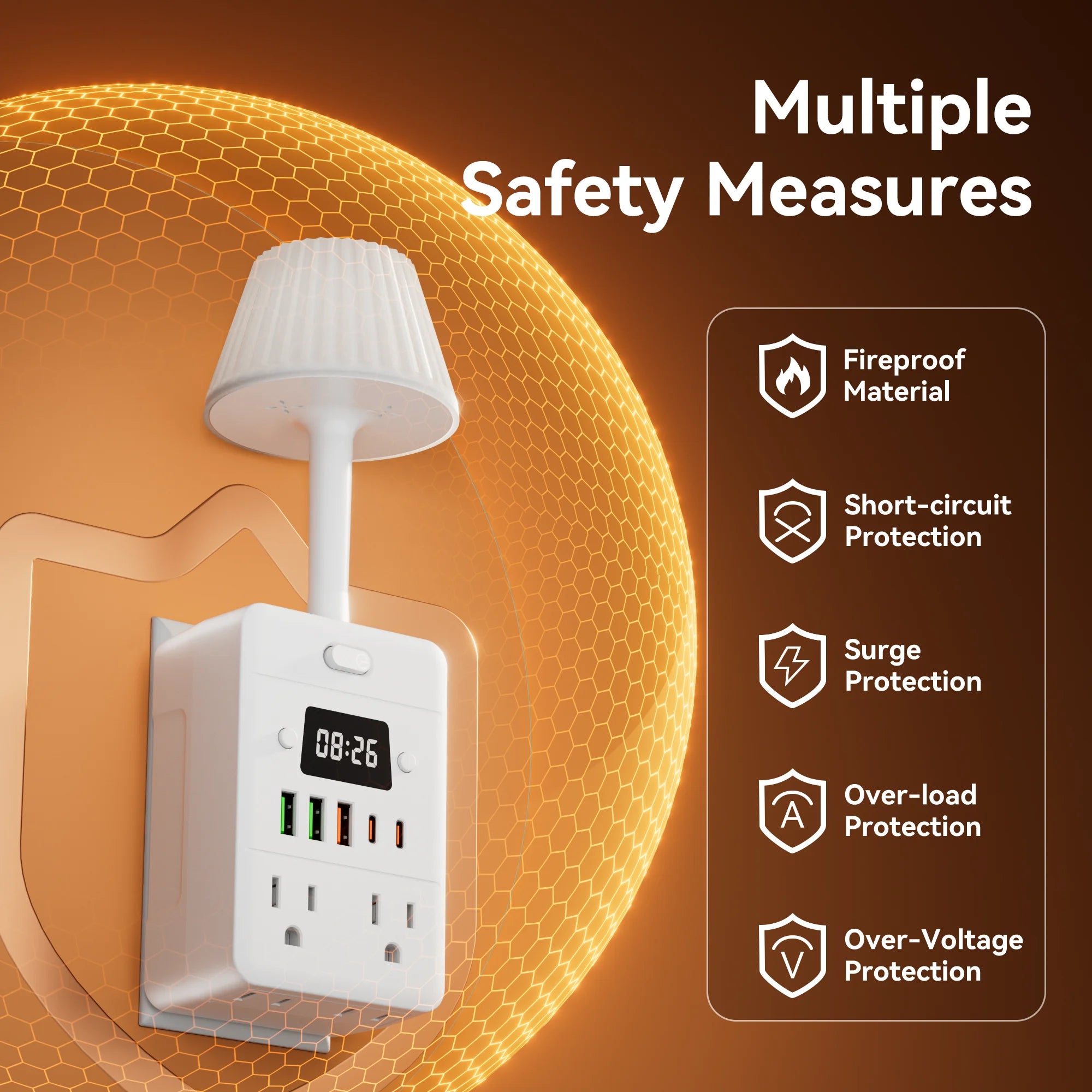 Standard Power Strip Extender with 1 Digital Display Clock, 1 Desk Lamp, 4 AC Outlets, 3 USB &amp; 2 Type-C Ports. Power Socket