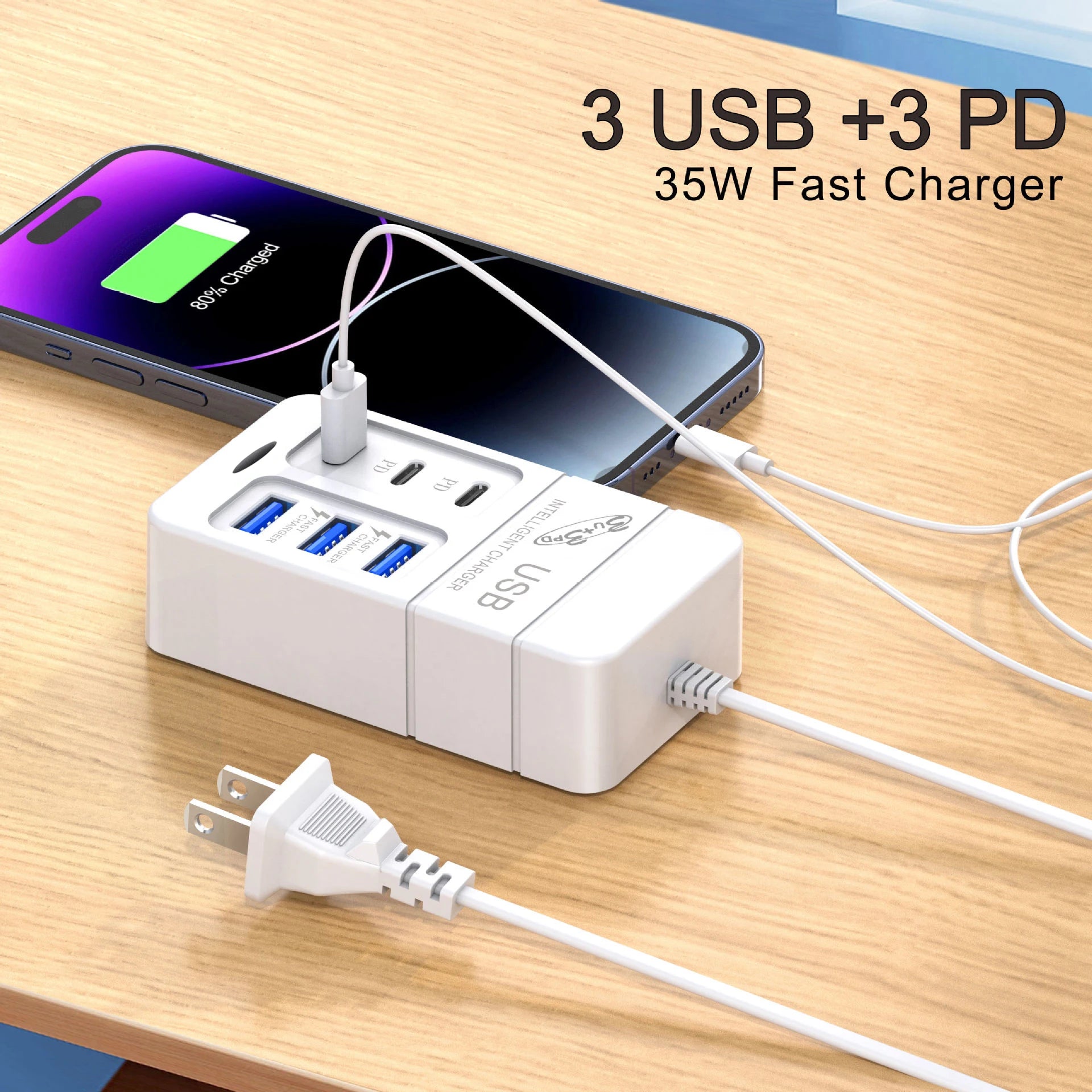 6-in-1 Surge Protector 6-Outlet Extender with 3 USB &amp; 3 Type C Ports Power Strip Multi Plug Outlets Wall Adapter Spaced for Home