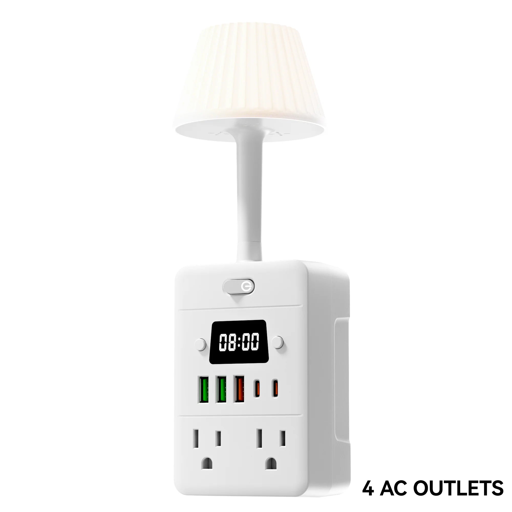 Standard Power Strip Extender with 1 Digital Display Clock, 1 Desk Lamp, 4 AC Outlets, 3 USB &amp; 2 Type-C Ports. Power Socket
