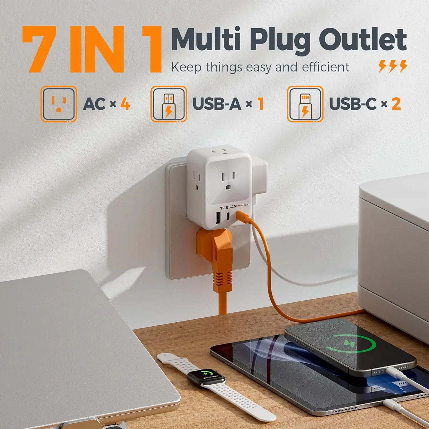 TESSAN Plug Power Strip with 4AC Outlet and 3USB Charging Port Multi-Contacts Electrical Socket with Surge Protector for Home