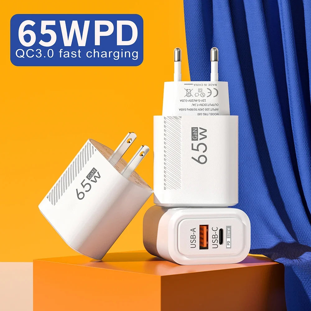 USB C GAN Charger Total 65W Fast Charging PD Type C Quick Charge High Speed ​​Mobile Phone Adapter For iPhone 15 14 Xiaomi Samsung
